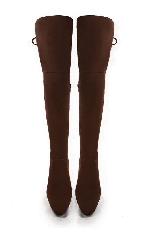 Dark brown women's leather thigh-high boots. Round toe. Medium block heels. Made to measure. Top view - Florence KOOIJMAN